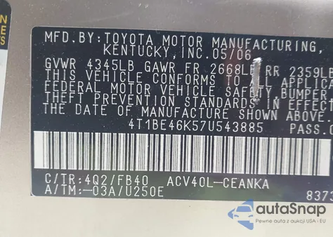 2007 Toyota Camry Le from USA, damaged, VIN 4T1BE46K57U543885